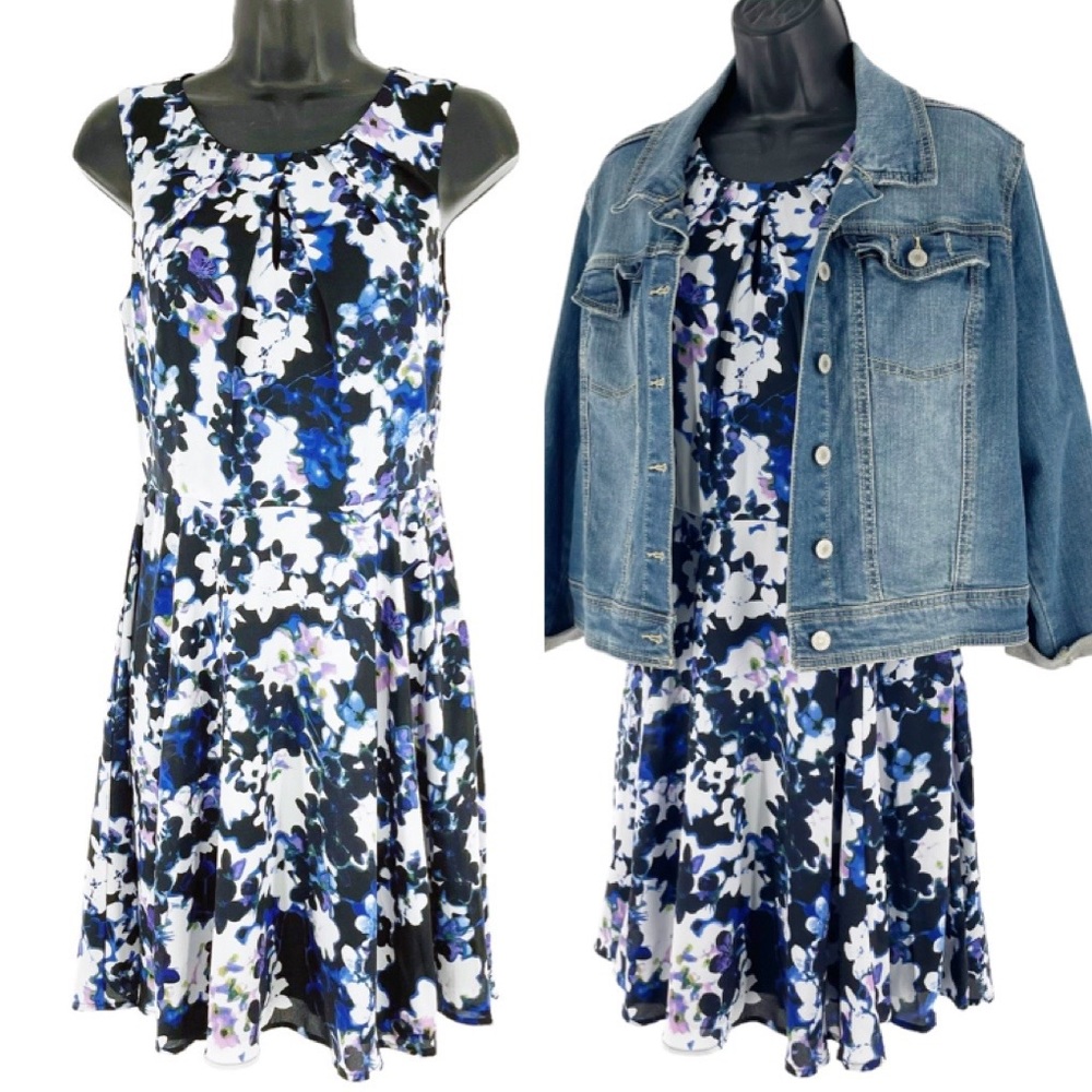 Express Lined Pleated Round Neck Sleeveless Spring Floral Fit & Flare Dress 4